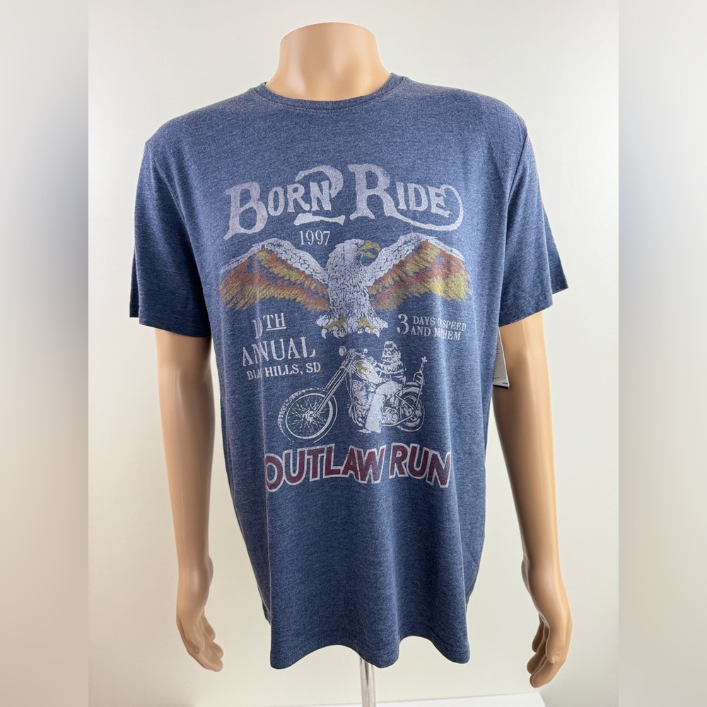 Lucky Brand Men's Born 2 Ride, OutLaw Run Motorcycle T-Shirt, Blue Size Large